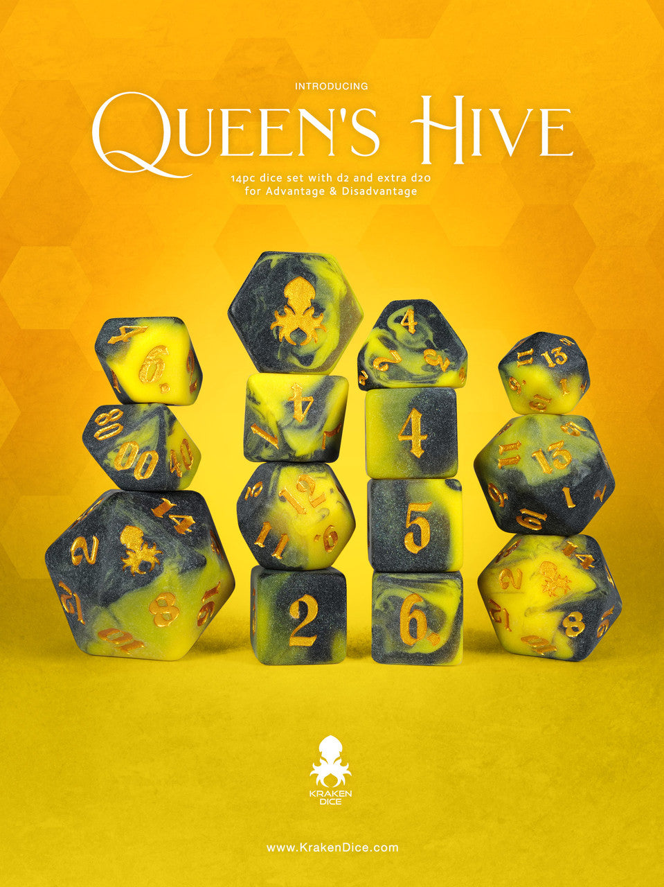 Queen’s Hive 14pc Dice Set inked in Gold